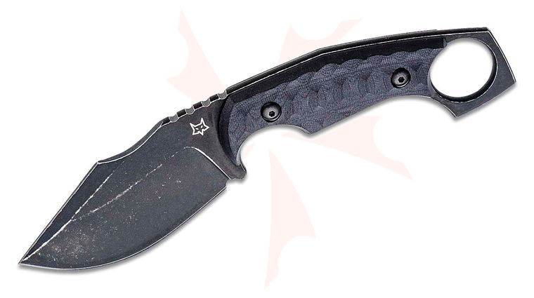 Fox FX-633 Monkey Thumper Fixed Blade Knife 3.54 inch Niolox Black Stonewashed Harpoon Point, Black Micarta Handle with Finger Ring, Kydex Sheath