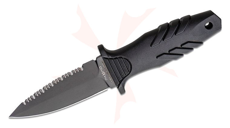 Fox FKMD FX-647 S Elementum Fixed Dagger 3.94 inch N690 Black Sawback Double Edged Blade, Black TPE Handles, Kydex Sheath