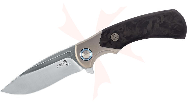 Fox FX-F2017 40th Anniversary Flipper Knife 3.34 inch M390 Satin Plain Blade, Carbon Fiber/Titanium Handles