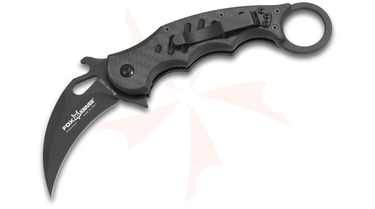 Fox 479 Folding Karambit Flipper 3.2 inch Black N690Co Plain Blade, Carbon Fiber/G10 Handles