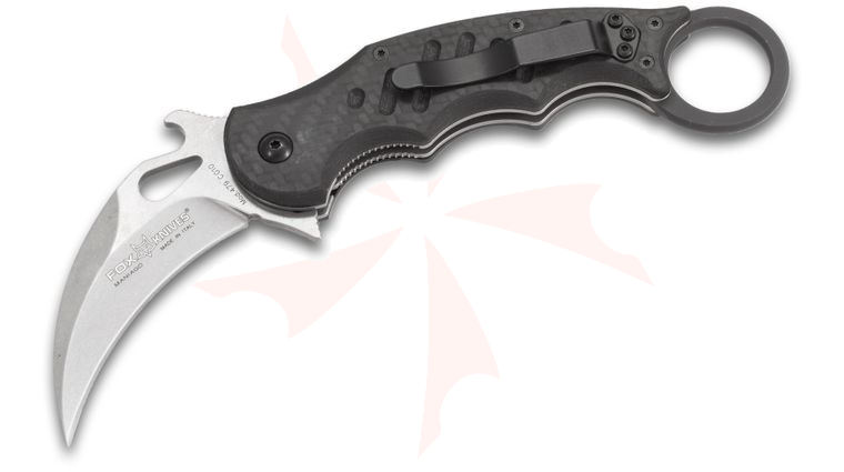 Fox 479 Folding Karambit Flipper 3.2 inch N690Co Stonewashed Blade, Carbon Fiber/G10 Handles