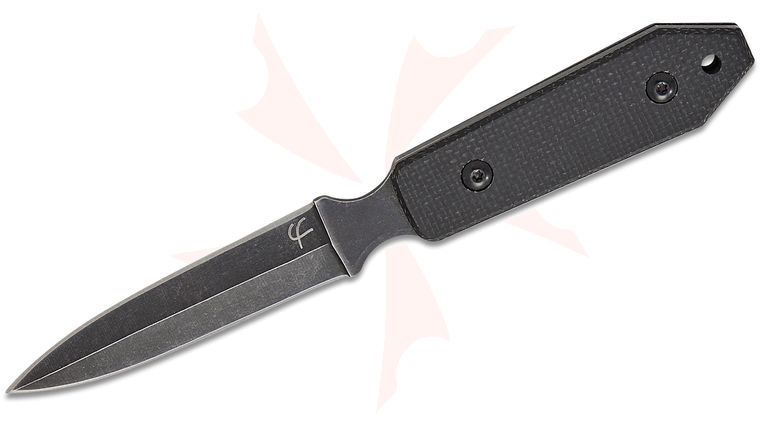 Fred Perrin Le Dague Fixed Blade Knife 3 inch Black Stonewashed Double Edge Dagger Blade, Black Micarta Handles, Kydex Sheath
