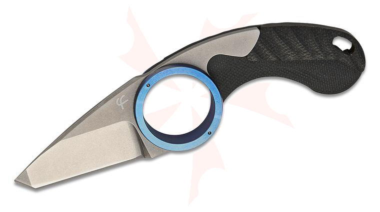 Fred Perrin La Griffe Friction Folding Neck Knife 1.5 inch Stonewashed Tanto Blade, Black G10 Handles, Blue Finger Ring, Kydex Sheath