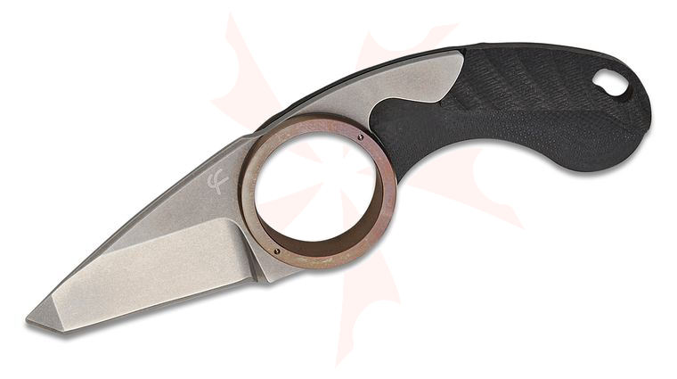 Fred Perrin La Griffe Friction Folding Neck Knife 1.5 inch Stonewashed Tanto Blade, Black G10 Handles, Bronze Finger Ring, Kydex Sheath