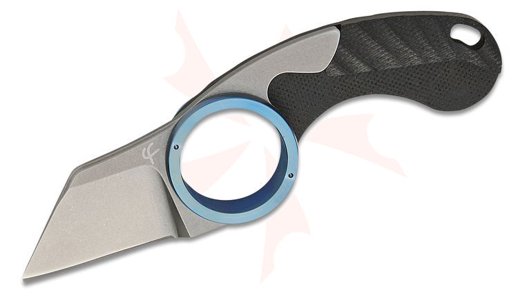 Fred Perrin La Griffe Shark Friction Folding Neck Knife 1.5 inch Stonewashed Wharncliffe Blade, Black G10 Handles, Blue Finger Ring