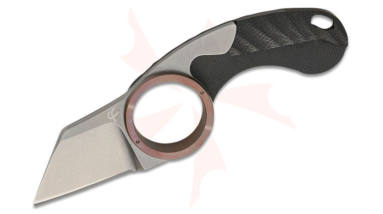 Fred Perrin La Griffe Shark Friction Folding Neck Knife 1.5 inch Stonewashed Wharncliffe Blade, Black G10 Handles, Brown Finger Ring