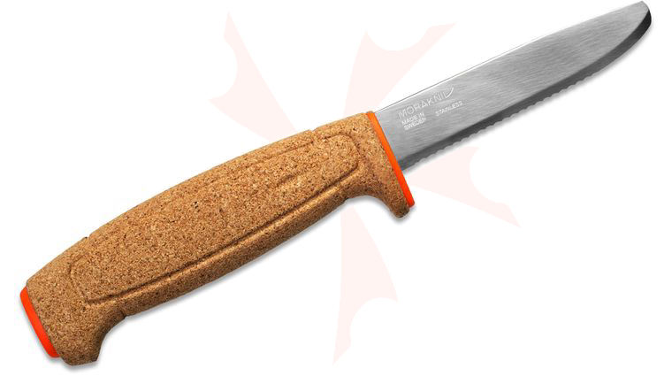Morakniv Mora of Sweden Floating Serrated Knife 3.75 inch Polished Blunt Tip Blade, Cork Handle, Orange Polymer Sheath