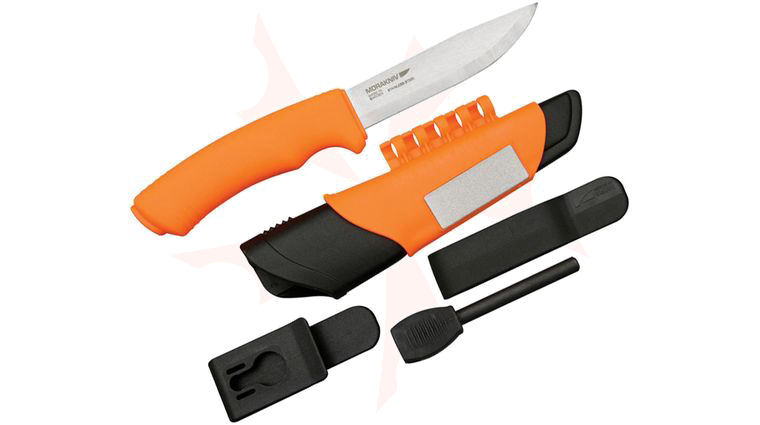 Morakniv Mora of Sweden Bushcraft Survival Knife 4.125 inch Stainless Steel Blade, Fire Starter and Sheath, Orange Rubberized Handle