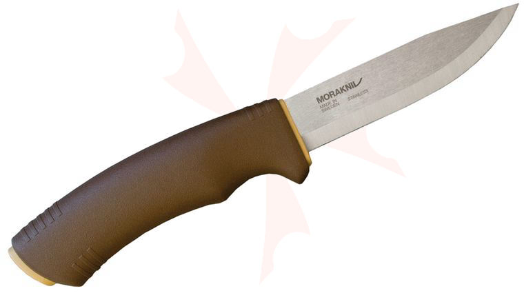 Morakniv Mora of Sweden Bushcraft Survival Fixed Blade Knife 4.3 inch Satin Stainless Steel, Fire Starter and Sheath, Desert Tan/Brown Rubberized Handle