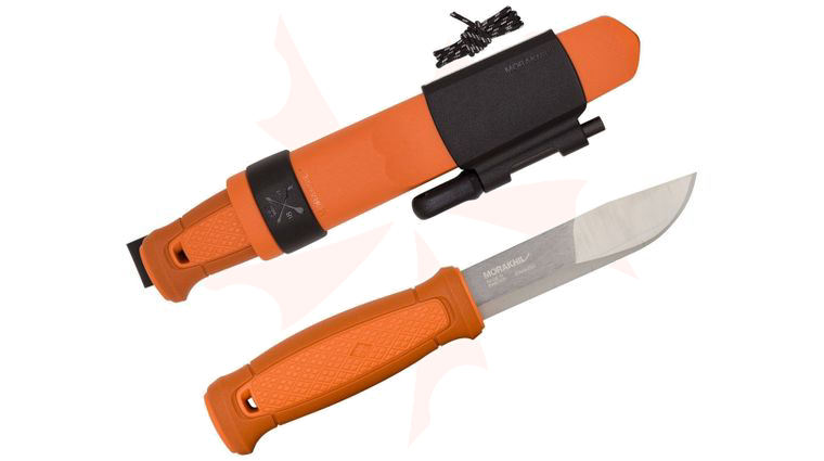 Morakniv Kansbol Utility Knife Fixed Blade Knife 4.3 inch 12C27 with Survival Kit, Orange TPE Handle, Polypropylene Sheath
