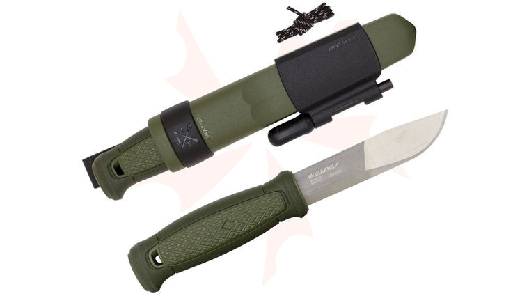 Morakniv Kansbol Utility Knife Fixed Blade Knife 4.3 inch 12C27 with Survival Kit, OD Green TPE Handle, Polypropylene Sheath