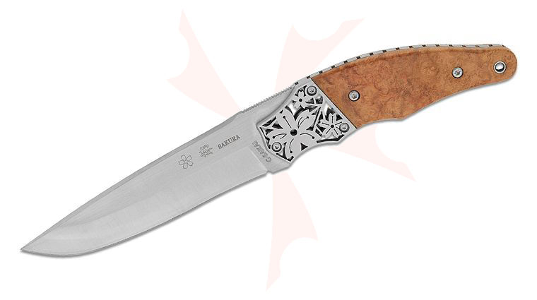 G. Sakai Sakura-2 Fixed Blade Knife 4.5 inch San Mai VG-10 Satin Drop Point Blade, Amboyna Wood Burl Handles with  inchFlower inch Milled Steel Bolster, Black Leather Sheath