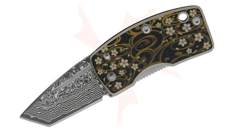 G. Sakai Money Clip Folding Knife 1.61 inch Damascus Tanto Blade, Stainless Steel Handles with Sakura Artwork