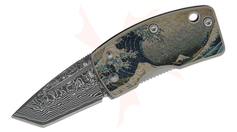 G. Sakai Money Clip Folding Knife 1.61 inch Damascus Tanto Blade, Stainless Steel Handles with Blue Wave Artwork