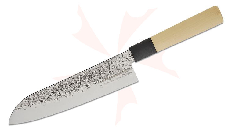G. Sakai Bosensaku Santoku Kitchen Knife 7.25 inch VG-1 Satin Hammered Blade, Ivory Polypropylene Handles with Black Bolsters