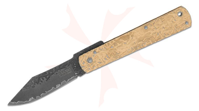 G. Sakai Minokuni Mamori Higonokami Friction Folding Knife 3.13 inch Hammered San Mai VG-10 Clip Point Blade, Hammered Bronze Stainless Steel Handles, Nishijin Pouch
