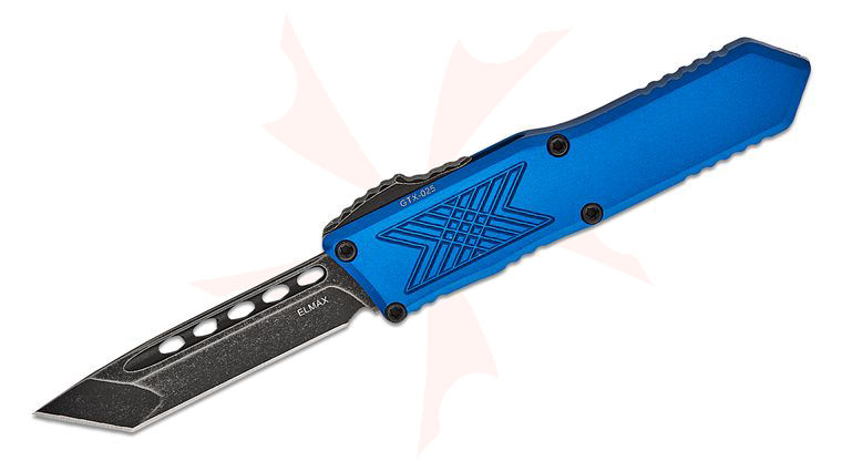 Guardian Tactical GTX-025 OTF AUTO 2.75 inch Elmax Dark Stonewash Tanto Blade, Blue Aluminum Handles