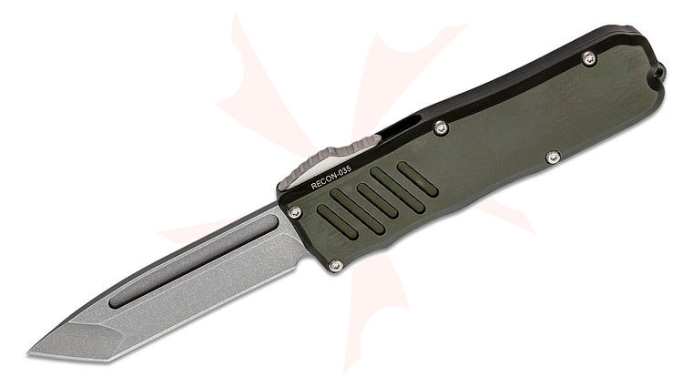 Guardian Tactical RECON-035 OTF AUTO 3.375 inch Elmax Stonewashed Tanto Blade, OD Green Aluminum Handles