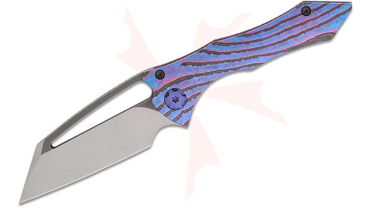 Gavko Knives Michal Gavac Custom Nurse Folding Knife 3 inch Nitro-V Acid Washed Modified Wharncliffe Blade, Blurple Crystal Contoured HunchBack Black Timascus and Titanium Handles