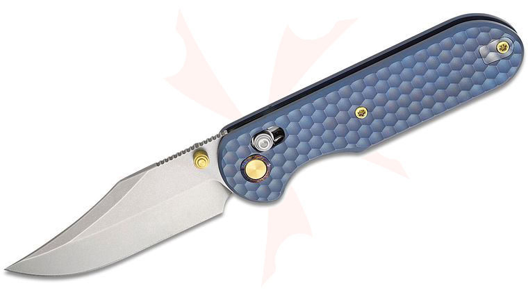 Geo Knife Ethereal Cutter Crossbar Lock Folding Knife 3 inch M390 Stonewashed Clip Point Blade, Blue Honeycomb Titanium Handles