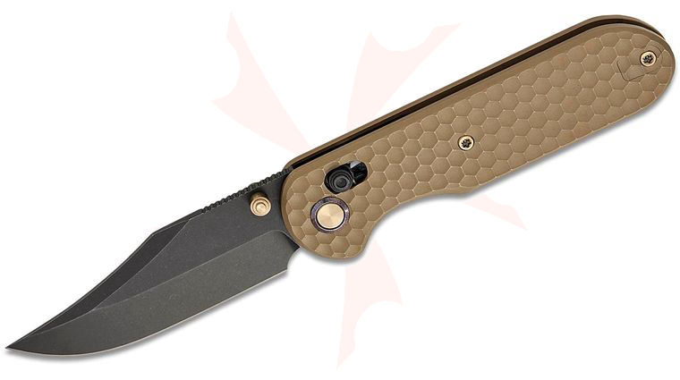 Geo Knife Ethereal Cutter Crossbar Lock Folding Knife 3 inch M390 Black Stonewashed Clip Point Blade, Bronze Honeycomb Titanium Handles