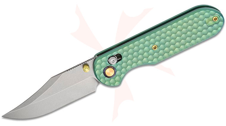 Geo Knife Ethereal Cutter Crossbar Lock Folding Knife 3 inch M390 Stonewashed Clip Point Blade, Green Anodized Honeycomb Titanium Handles