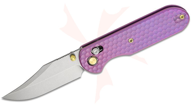 Geo Knife Ethereal Cutter Crossbar Lock Folding Knife 3 inch M390 Stonewashed Clip Point Blade, Purple Anodized Honeycomb Titanium Handles