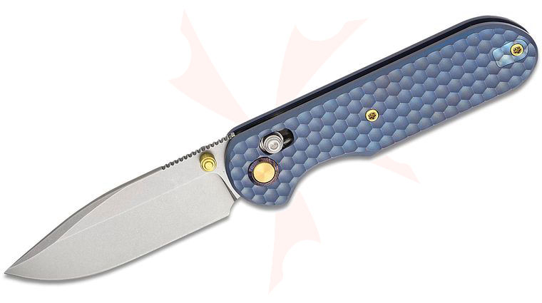 Geo Knife Ethereal Cutter Crossbar Lock Folding Knife 3 inch M390 Stonewashed Drop Point Blade, Blue Honeycomb Titanium Handles