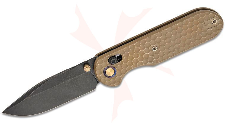 Geo Knife Ethereal Cutter Crossbar Lock Folding Knife 3 inch M390 Black Stonewashed Drop Point Blade, Bronze Honeycomb Titanium Handles