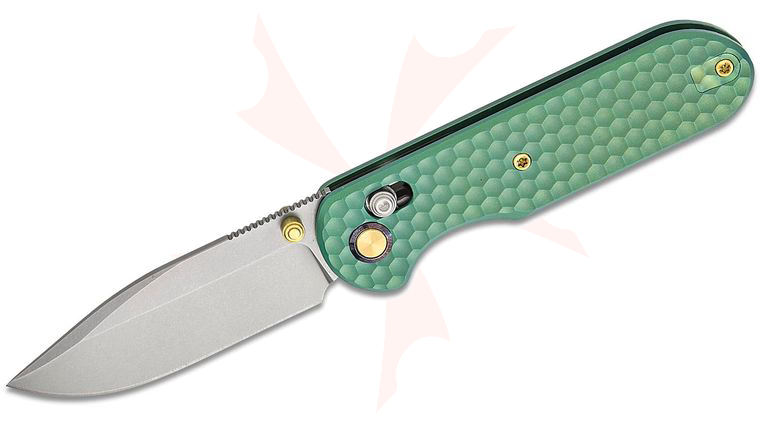 Geo Knife Ethereal Cutter Crossbar Lock Folding Knife 3 inch M390 Stonewashed Drop Point Blade, Green Anodized Honeycomb Titanium Handles