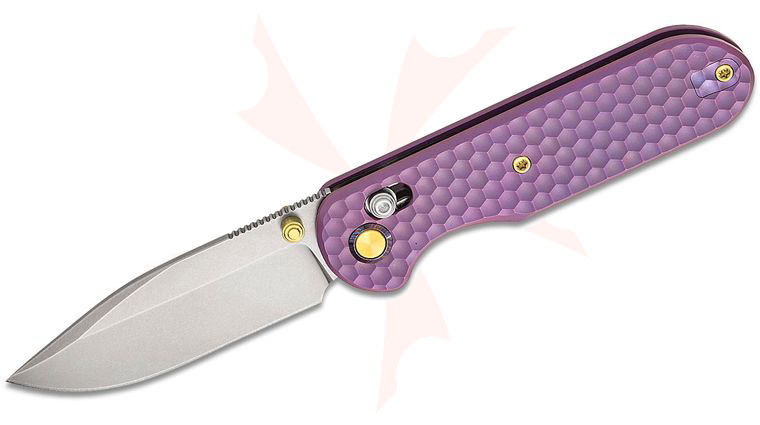 Geo Knife Ethereal Cutter Crossbar Lock Folding Knife 3 inch M390 Stonewashed Drop Point Blade, Purple Anodized Honeycomb Titanium Handles