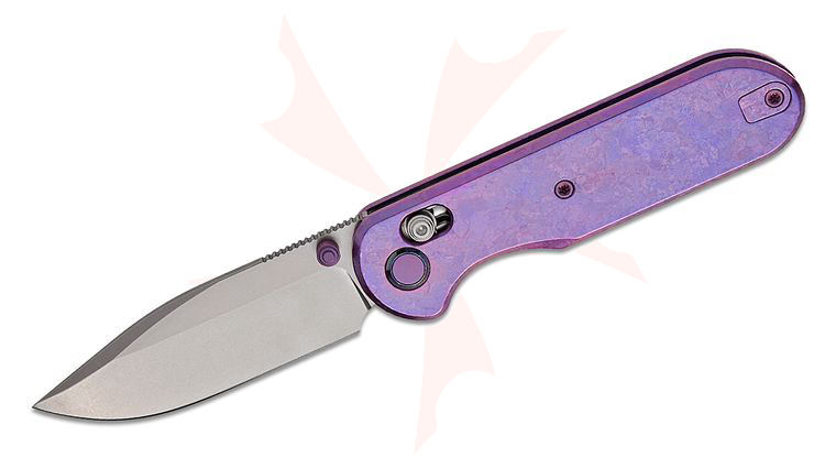 Geo Knife Ethereal Cutter Crossbar Lock Folding Knife 3 inch M390 Stonewashed Drop Point Blade, Purple Crystallized Titanium Handles