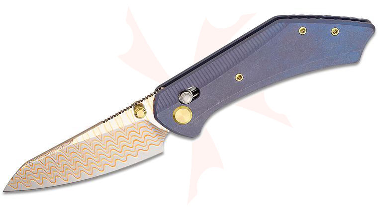 Geo Knife Divid Crossbar Lock Folding Knife 3.1 inch Polished Copper Damascus Reverse Tanto Blade, Stonewashed Blue Titanium Handles with Gold Hardware