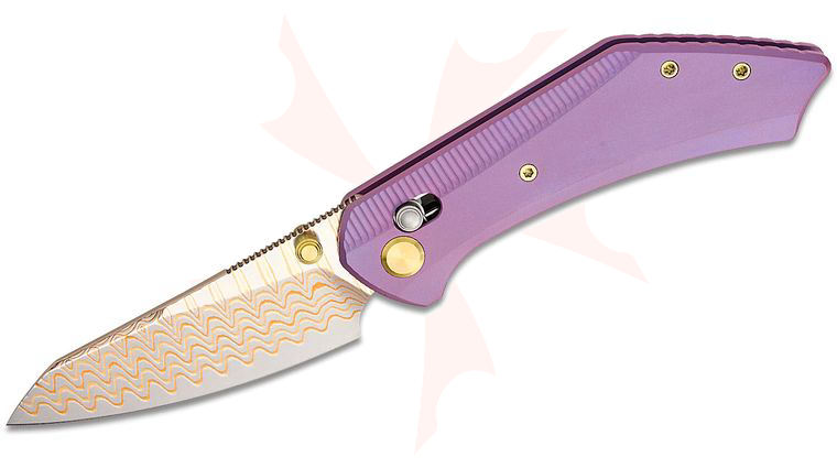 Geo Knife Divid Crossbar Lock Folding Knife 3.1 inch Polished Copper Damascus Reverse Tanto Blade, Stonewashed Purple Titanium Handles with Gold Hardware