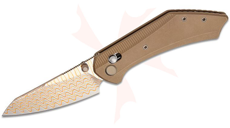 Geo Knife Divid Crossbar Lock Folding Knife 3.1 inch Polished Copper Damascus Reverse Tanto Blade, Stonewashed Bronze Titanium Handles