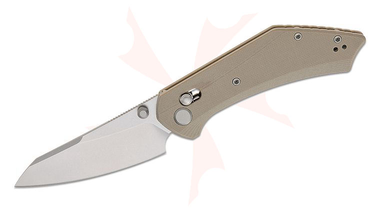 Geo Knife Divid Crossbar Lock Folding Knife 3.1 inch M390 Stonewashed Reverse Tanto Blade, Khaki G10 Handles