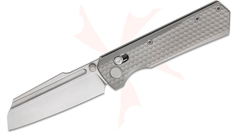 Geo Knife Noxiz Crossbar Lock Folding Knife 3.1 inch M390 Stonewashed Modified Sheepsfoot Blade, Honeycomb Titanium Handles