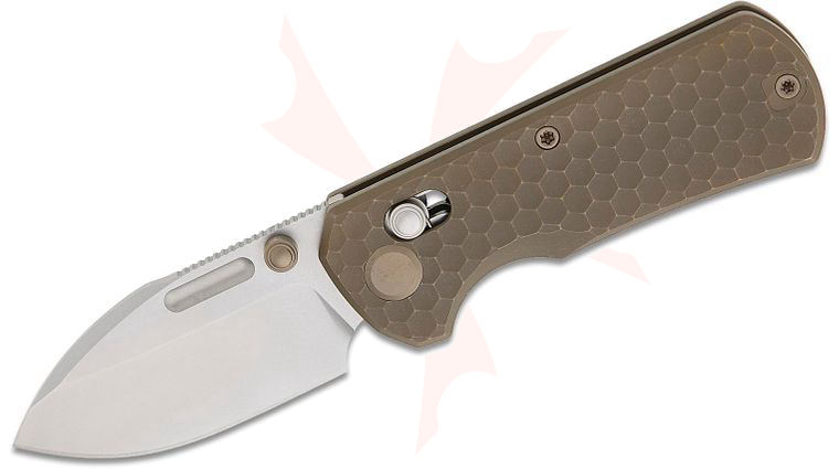 Geo Knife Belluf Crossbar Lock Folding Knife 2.4 inch M390 Stonewashed Drop Point Blade, Milled Bronze Titanium Handles