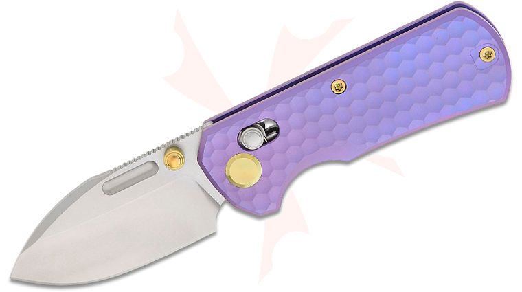 Geo Knife Belluf Crossbar Lock Folding Knife 2.4 inch M390 Stonewashed Drop Point Blade, Milled Purple Titanium Handles