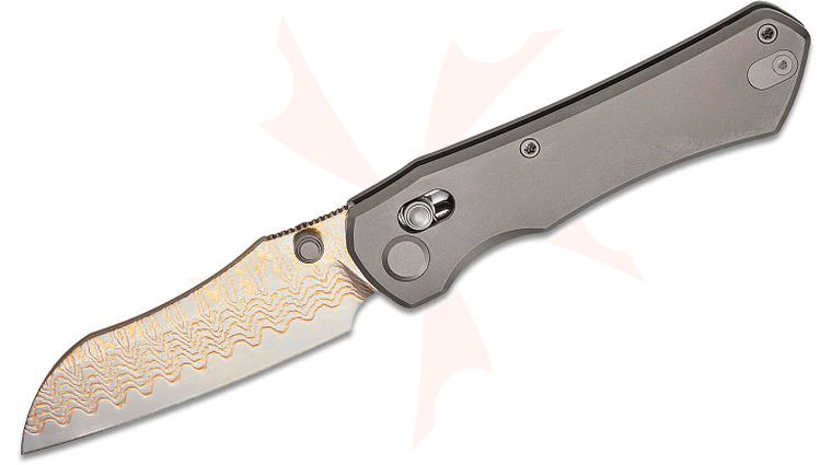 Geo Knife Komodo Crossbar Lock Folding Knife 3.1 inch Polished Copper Damascus Sheepsfoot Blade, Stonewashed Gray Titanium Handles