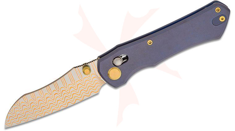 Geo Knife Komodo Crossbar Lock Folding Knife 3.1 inch Polished Copper Damascus Sheepsfoot Blade, Stonewashed Blue Titanium Handles with Gold Hardware
