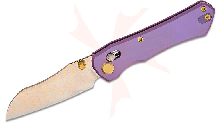 Geo Knife Komodo Crossbar Lock Folding Knife 3.1 inch Polished Copper Damascus Sheepsfoot Blade, Stonewashed Purple Titanium Handles with Gold Hardware