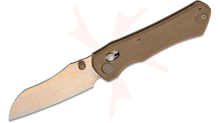 Geo Knife Komodo Crossbar Lock Folding Knife 3.1 inch Polished Copper Damascus Sheepsfoot Blade, Stonewashed Bronze Titanium Handles