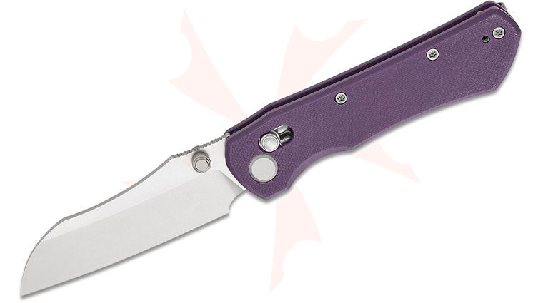 Geo Knife Komodo Crossbar Lock Folding Knife 3.1 inch M390 Stonewashed Sheepsfoot Blade, Purple G10 Handles
