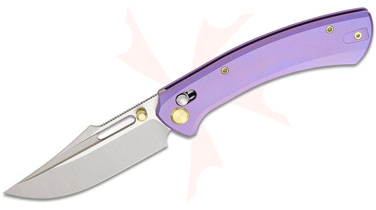 Geo Knife Strix Crossbar Lock Folding Knife 3.6 inch M390 Hand Rubbed Satin Harpoon Blade, Milled Purple Titanium Handles