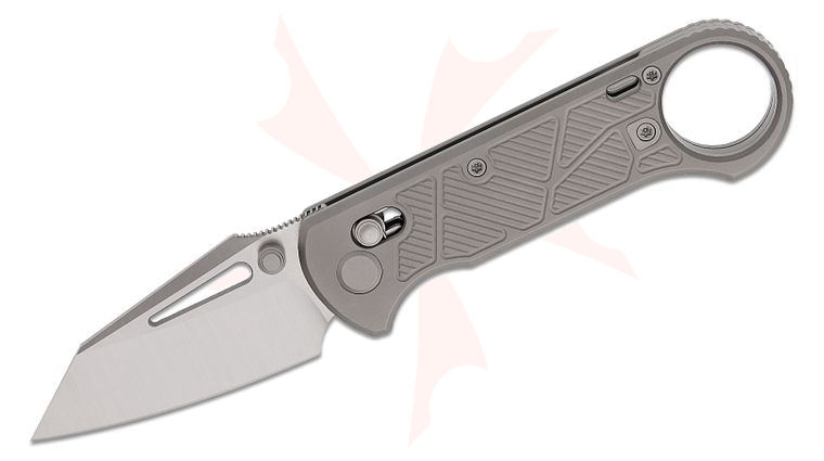 Geo Knife Aska Crossbar Lock Folding Knife 2.8 inch M390 Hand Rubbed Satin Reverse Tanto Blade, Milled Gray Titanium Handles, Finger Ring