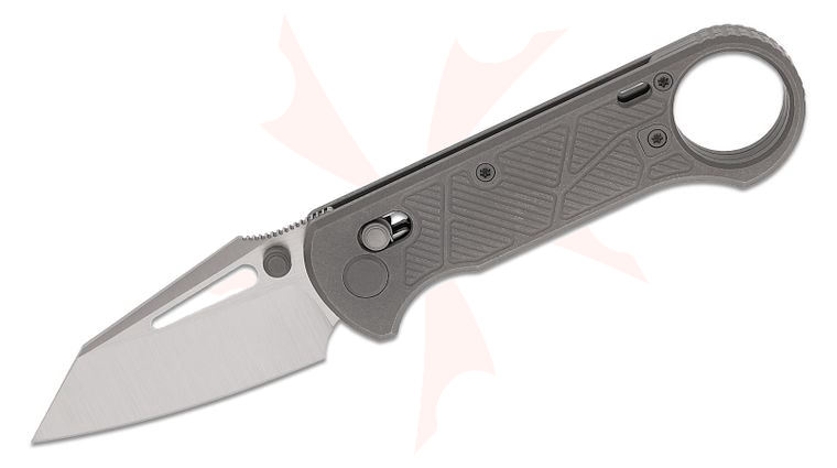 Geo Knife Aska Crossbar Lock Folding Knife 2.8 inch M390 Hand Rubbed Satin Reverse Tanto Blade, Milled Dark Stonewashed Titanium Handles, Finger Ring