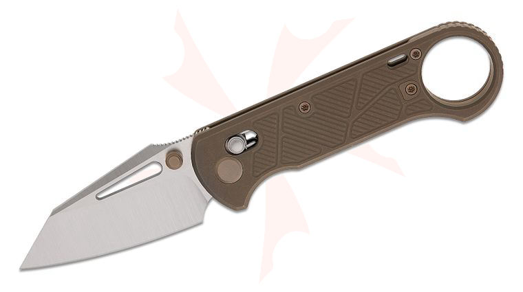 Geo Knife Aska Crossbar Lock Folding Knife 2.8 inch M390 Hand Rubbed Satin Reverse Tanto Blade, Milled Bronze Titanium Handles, Finger Ring