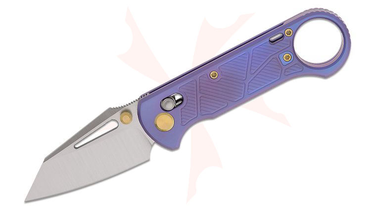 Geo Knife Aska Crossbar Lock Folding Knife 2.8 inch M390 Hand Rubbed Satin Reverse Tanto Blade, Milled Violet Titanium Handles, Finger Ring