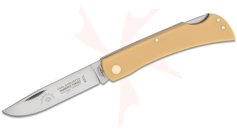 German Eye Brand Carl Schlieper Sodbuster Lockback Folding Knife 3.82 inch Blade, Yellow Celluloid Handles